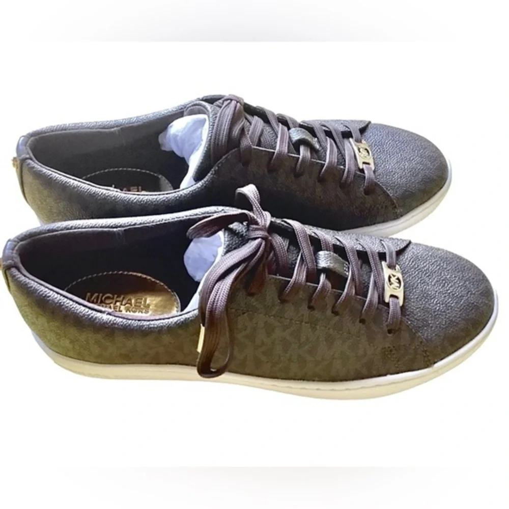 NIB! MICHEAL KORS Keaton Lace Up MK Signature Sneakers Brown w/ Gold